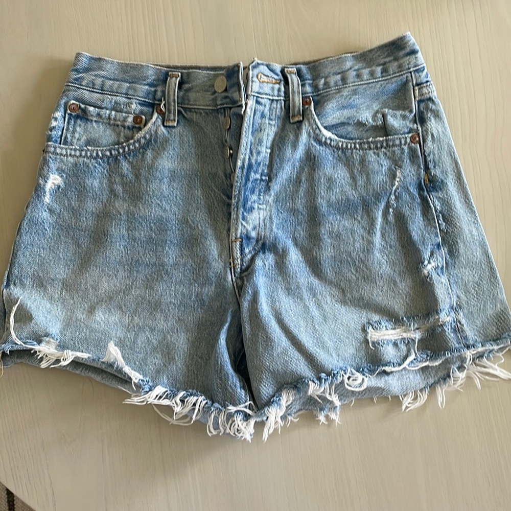 AGOLDE size 25 Parker long distressed jean shorts